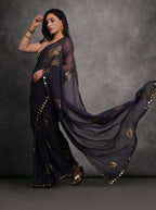 Jyoti Fashion Women's Navy Blue Chiffon Mirror Work Designer Saree with Blouse - Distacart