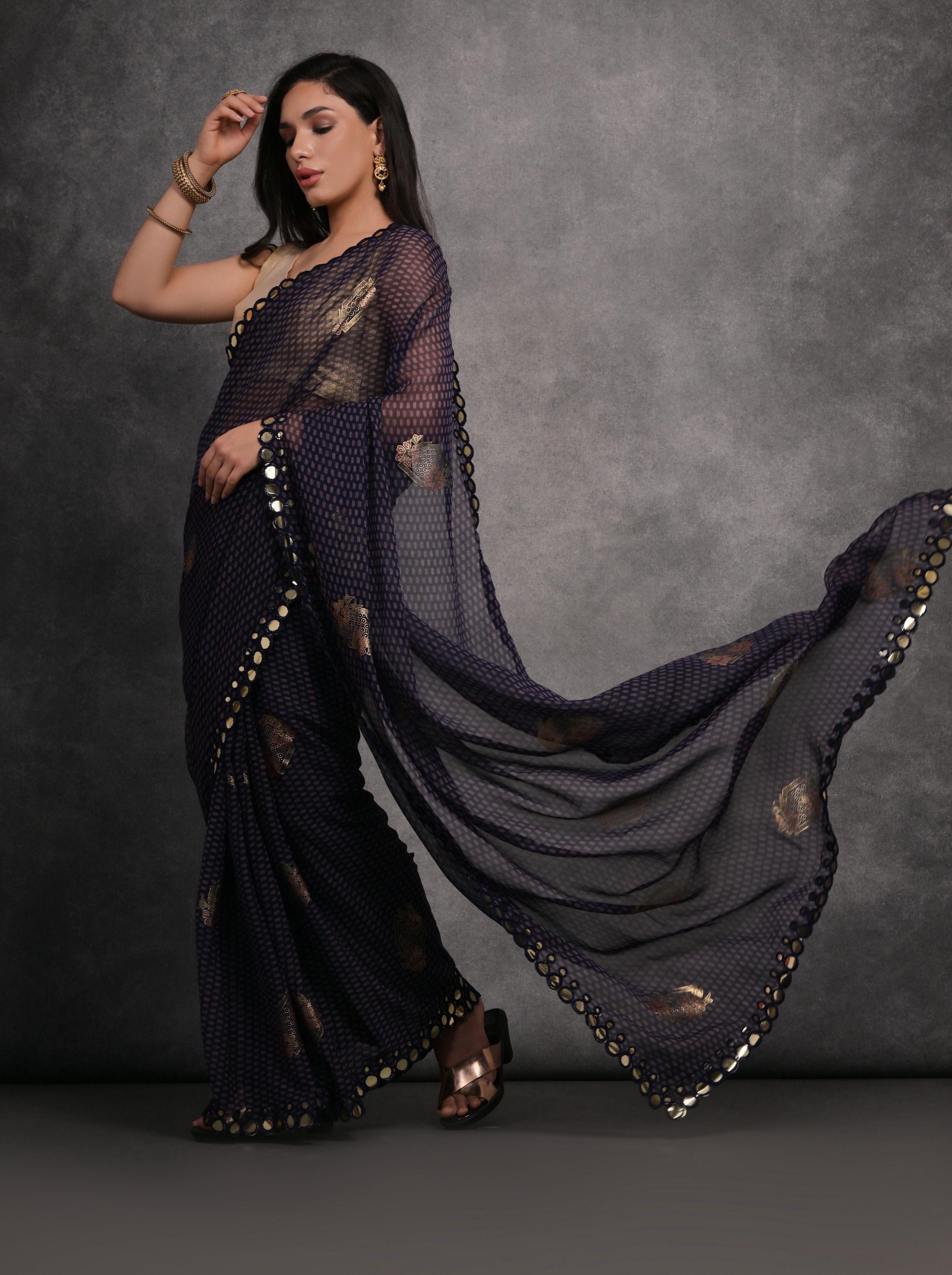 Jyoti Fashion Women's Navy Blue Chiffon Mirror Work Designer Saree with Blouse - Distacart