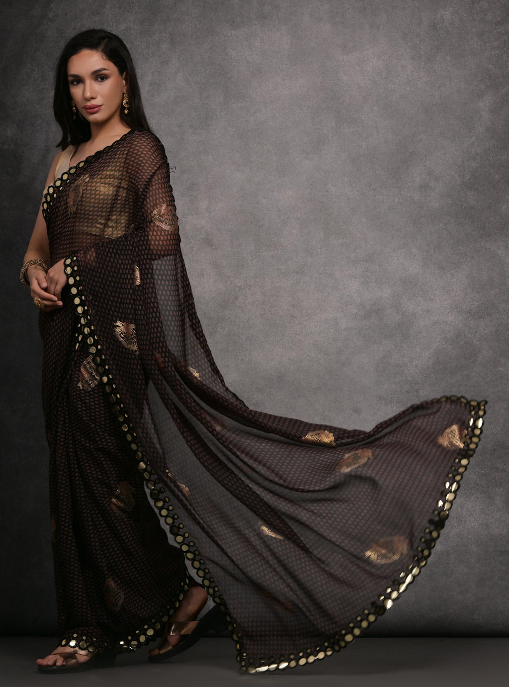 Jyoti Fashion Women's Black Chiffon Mirror Work Designer Saree with Blouse - Distacart