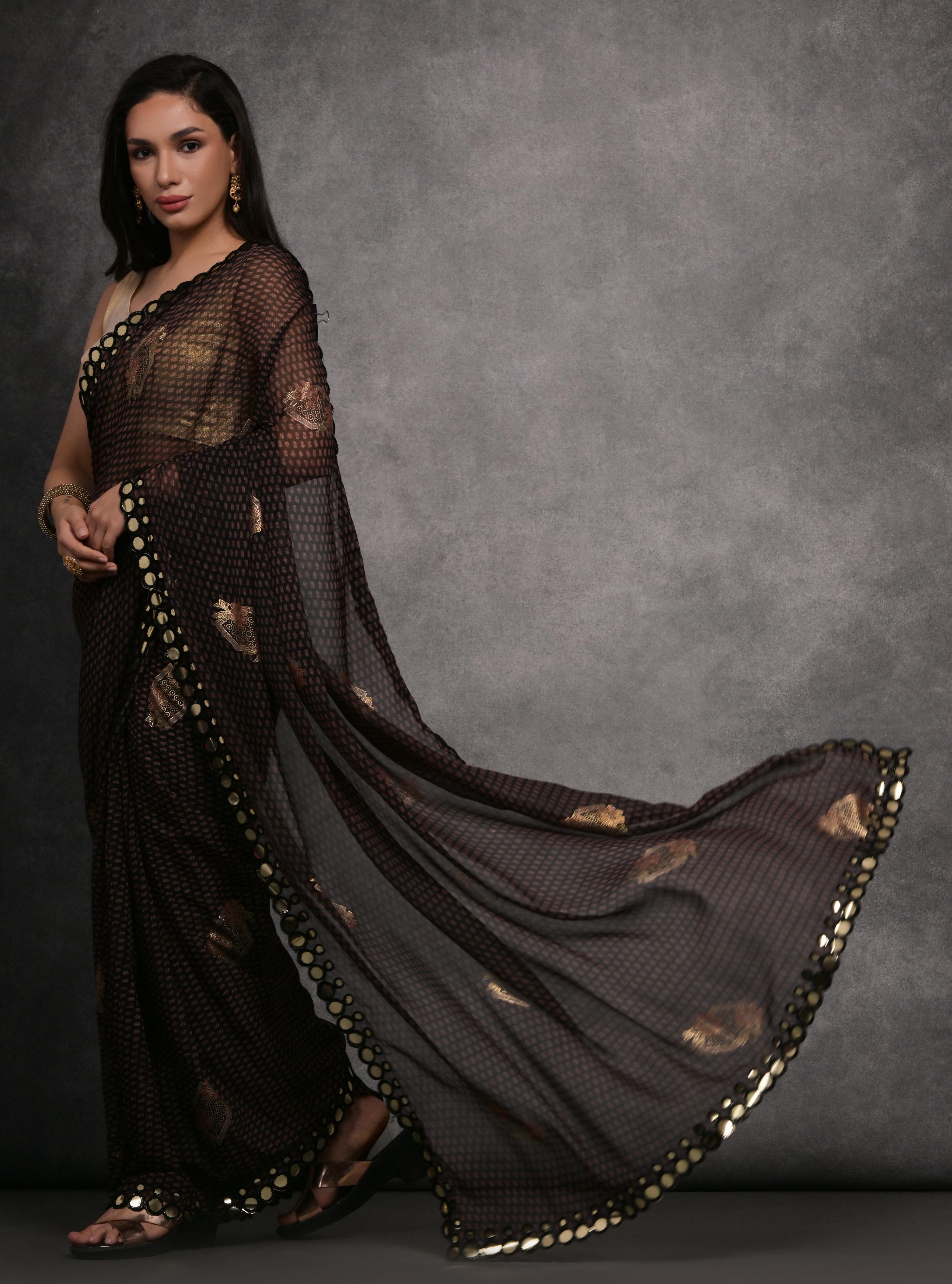 Jyoti Fashion Women's Black Chiffon Mirror Work Designer Saree with Blouse - Distacart