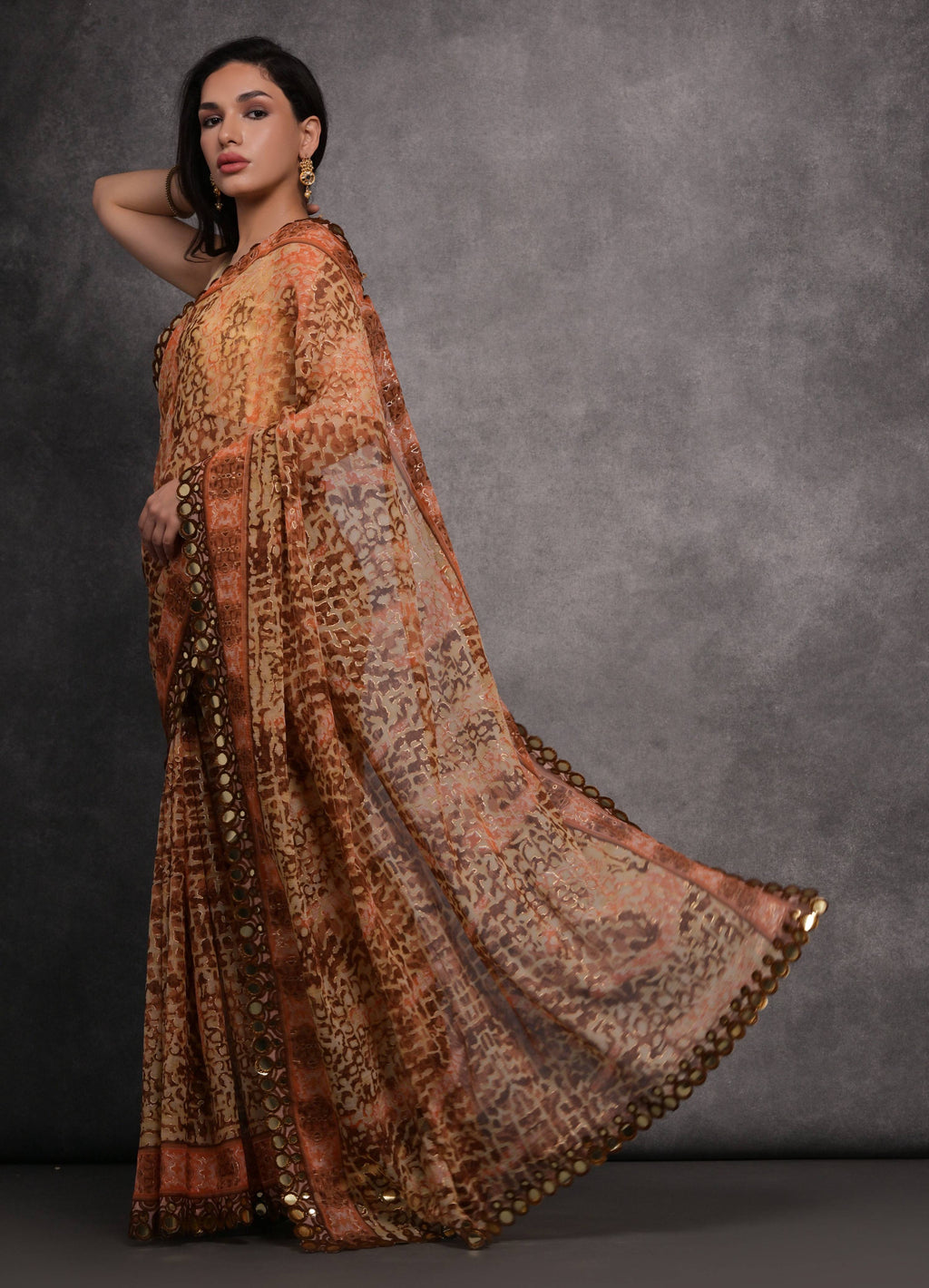 Jyoti Fashion Women's Brown Chiffon Mirror Work Designer Saree with Blouse - Distacart