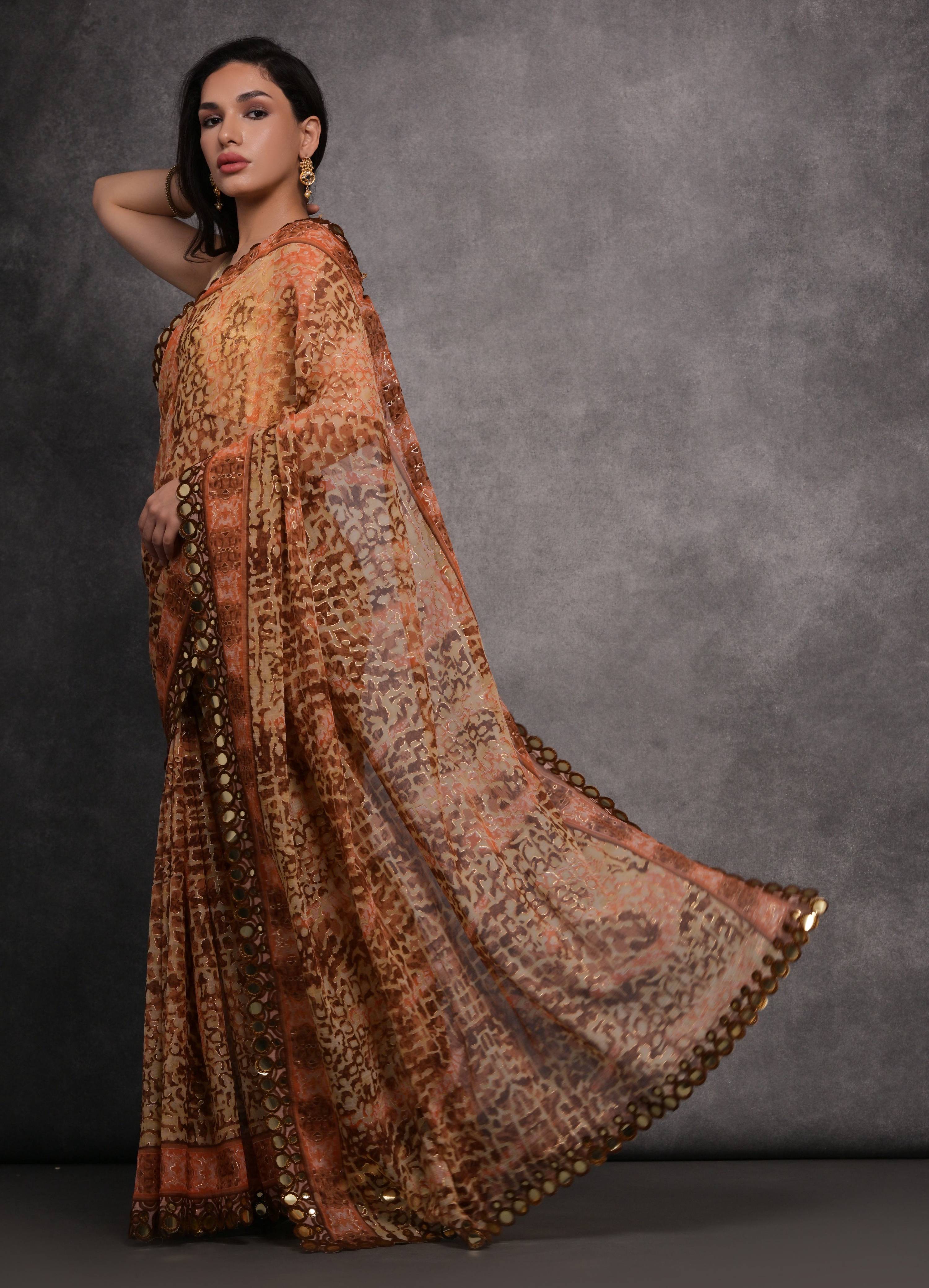 Jyoti Fashion Women's Brown Chiffon Mirror Work Designer Saree with Blouse - Distacart