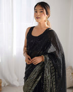 Jyoti Fashion Women's Black Georgette Sequins Designer Saree with Blouse - Distacart