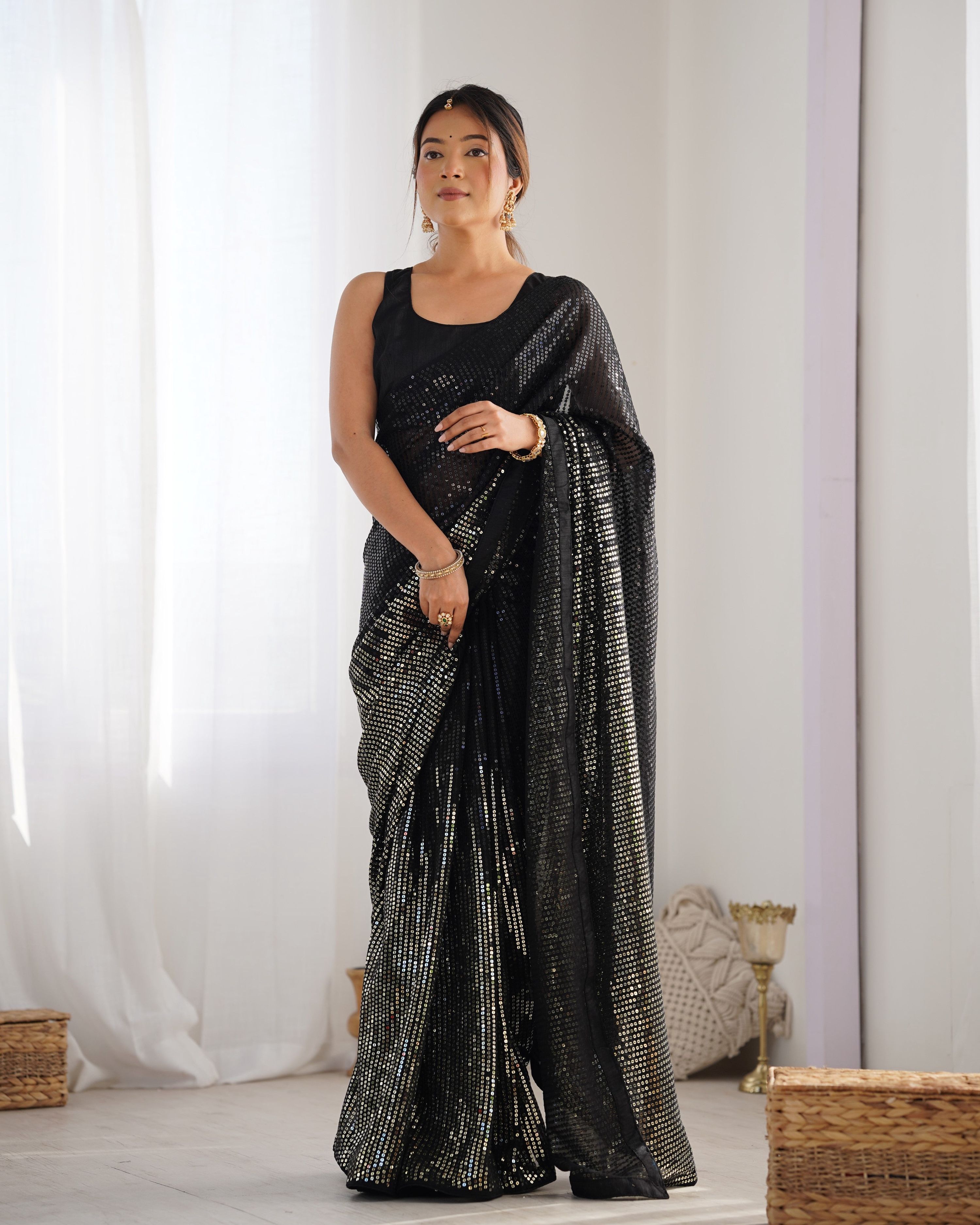 Jyoti Fashion Women's Black Georgette Sequins Designer Saree with Blouse - Distacart