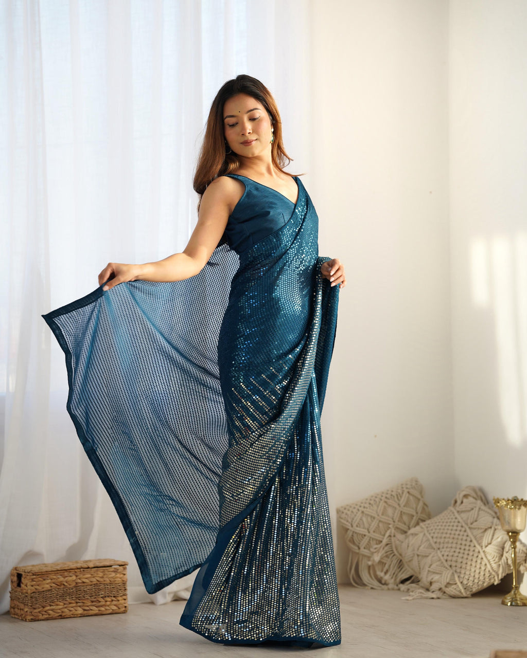 Jyoti Fashion Women's Teal Georgette Sequins Designer Saree with Blouse - Distacart