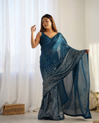 Jyoti Fashion Women's Teal Georgette Sequins Designer Saree with Blouse - Distacart