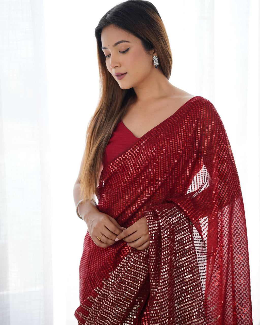 Jyoti Fashion Women's Maroon Georgette Sequins Designer Saree with Blouse - Distacart