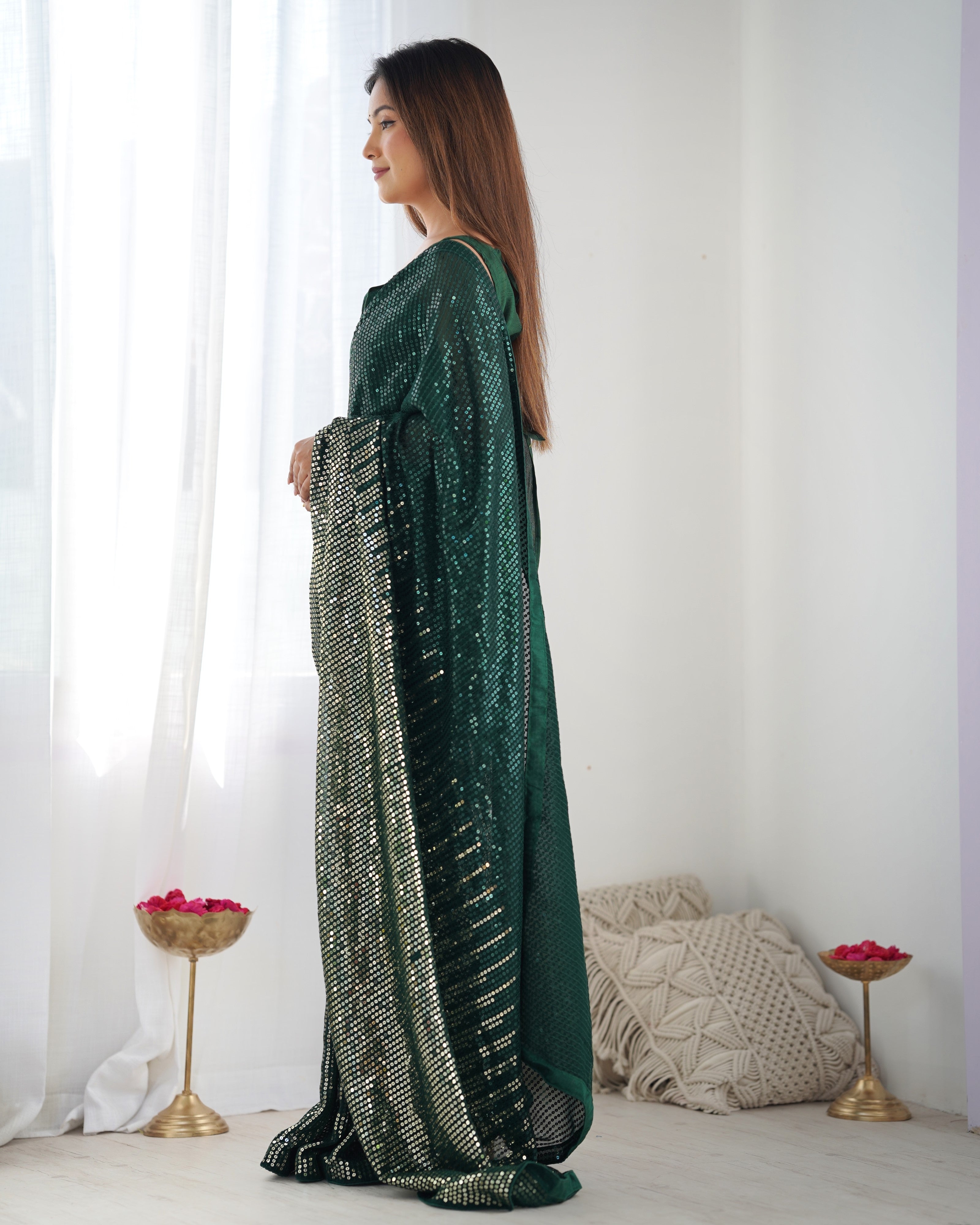 Jyoti Fashion Women's Bottle Green Georgette Sequins Designer Saree with Blouse - Distacart