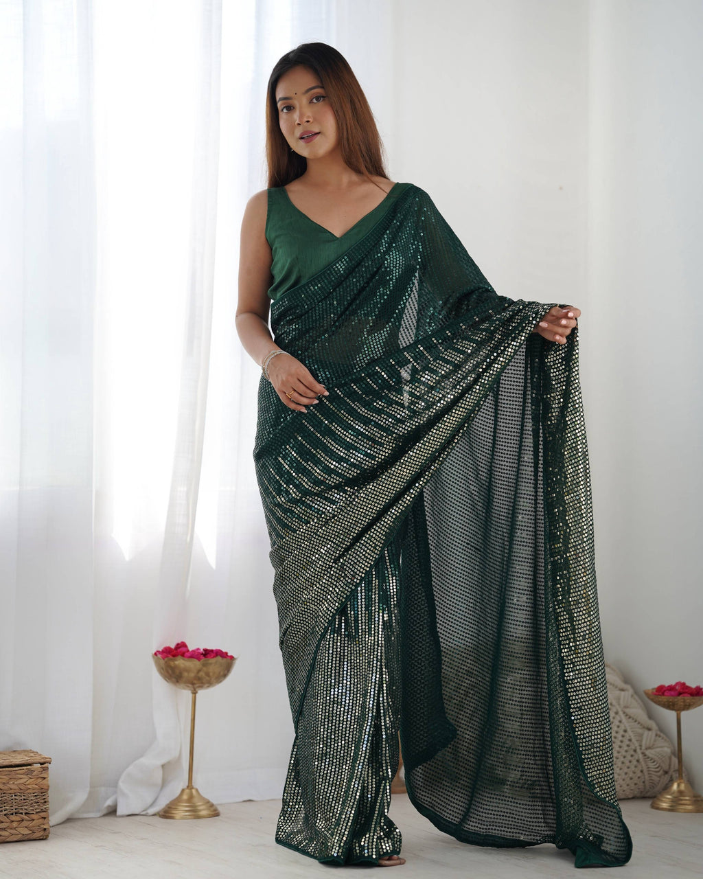 Jyoti Fashion Women's Bottle Green Georgette Sequins Designer Saree with Blouse - Distacart
