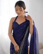 Jyoti Fashion Women's Navy Blue Georgette Sequins Designer Saree with Blouse - Distacart