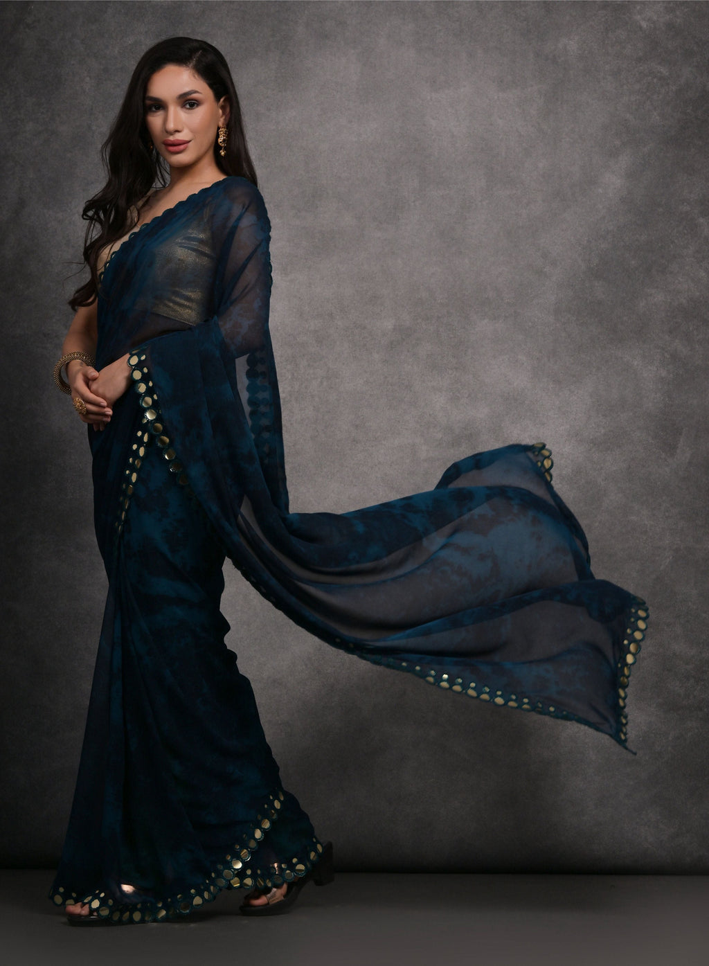 Jyoti Fashion Women's Navy Blue Chiffon Print with Mirror Work Designer Saree with Blouse - Distacart