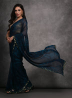 Jyoti Fashion Women's Navy Blue Chiffon Print with Mirror Work Designer Saree with Blouse - Distacart