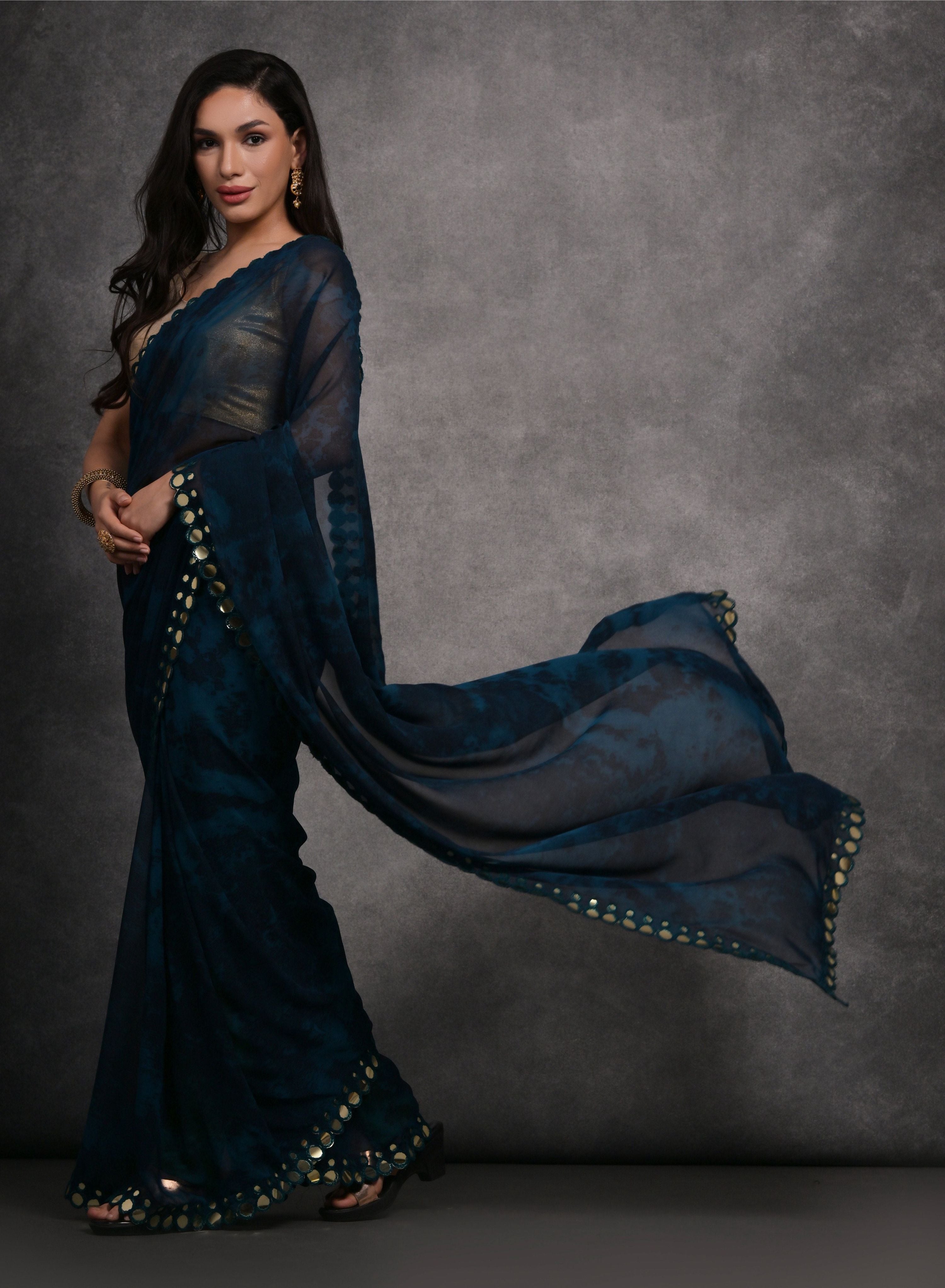 Jyoti Fashion Women's Navy Blue Chiffon Print with Mirror Work Designer Saree with Blouse - Distacart