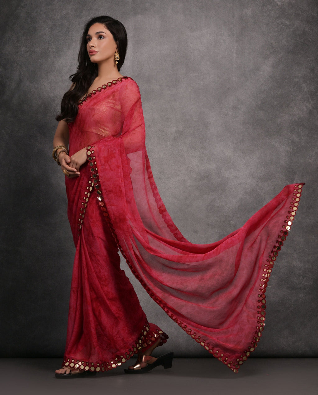 Jyoti Fashion Women's Pink Chiffon Print with Mirror Work Designer Saree with Blouse - Distacart