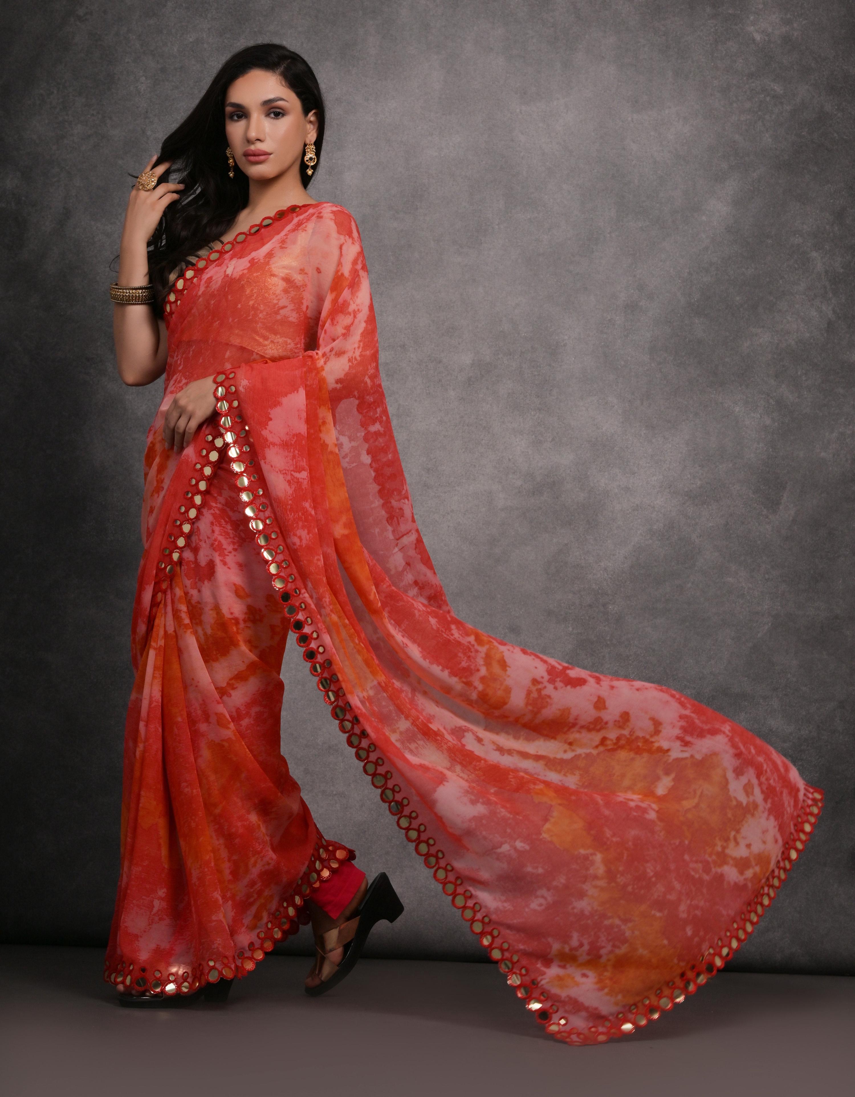 Jyoti Fashion Women's Red Chiffon Print with Mirror Work Designer Saree with Blouse - Distacart