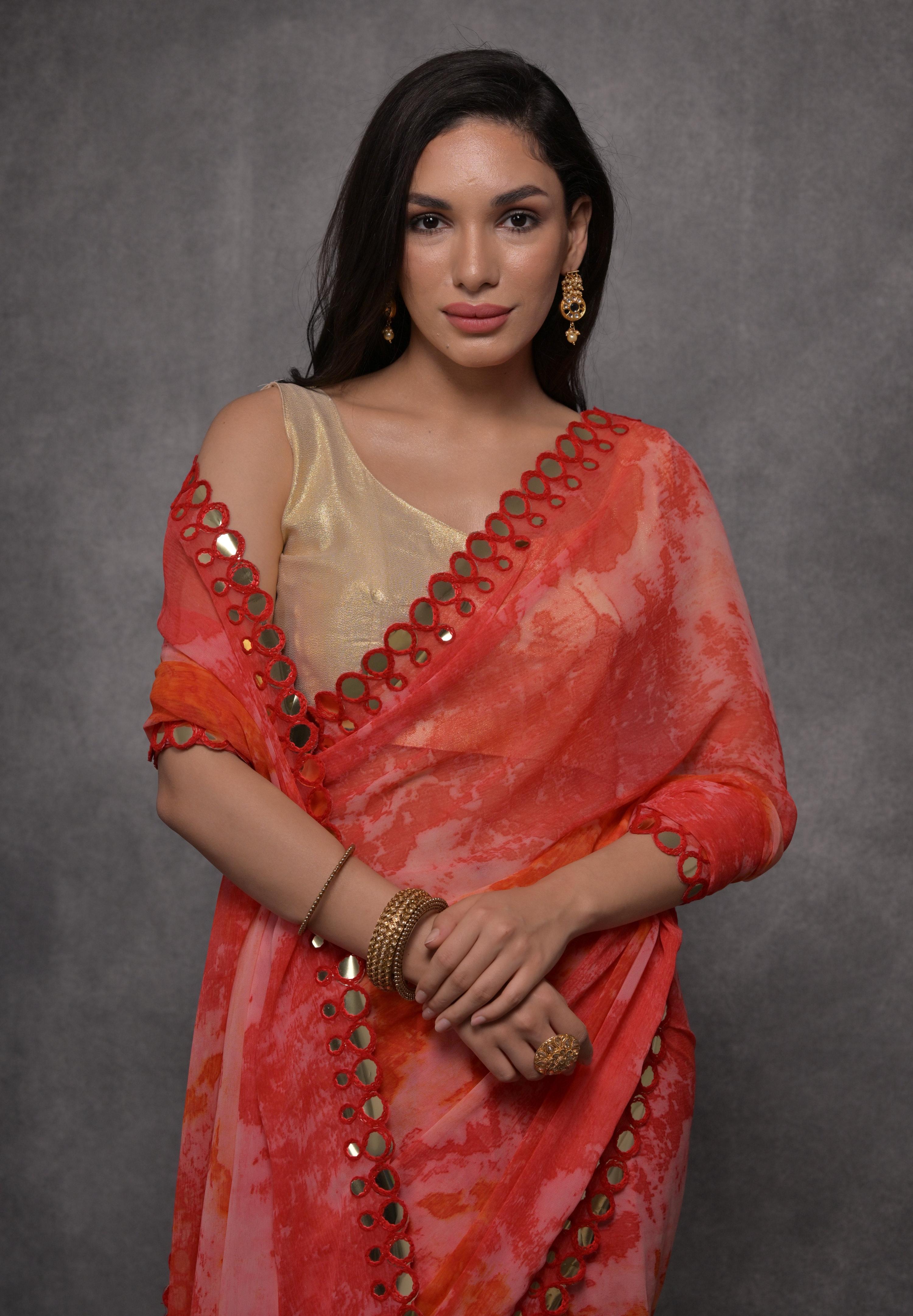 Jyoti Fashion Women's Red Chiffon Print with Mirror Work Designer Saree with Blouse - Distacart