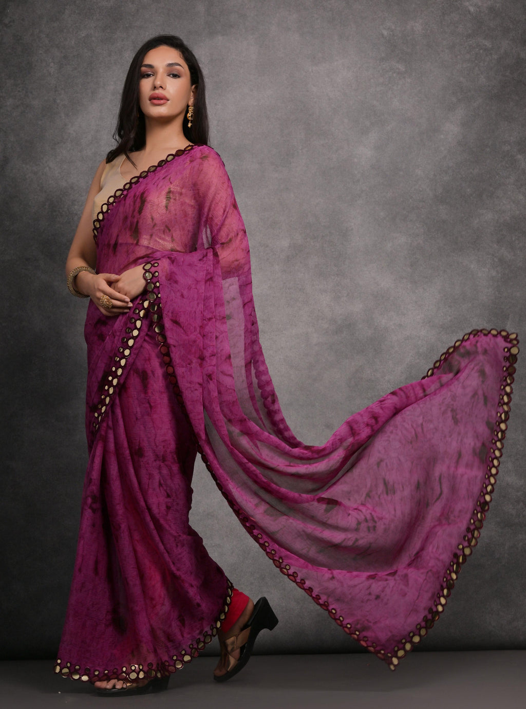 Jyoti Fashion Women's Wine Chiffon Print with Mirror Work Designer Saree with Blouse - Distacart