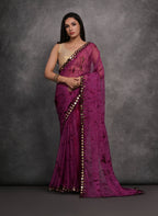 Jyoti Fashion Women's Wine Chiffon Print with Mirror Work Designer Saree with Blouse - Distacart