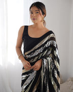 Jyoti Fashion Women's Black Georgette Sequins Designer Saree with Blouse - Distacart