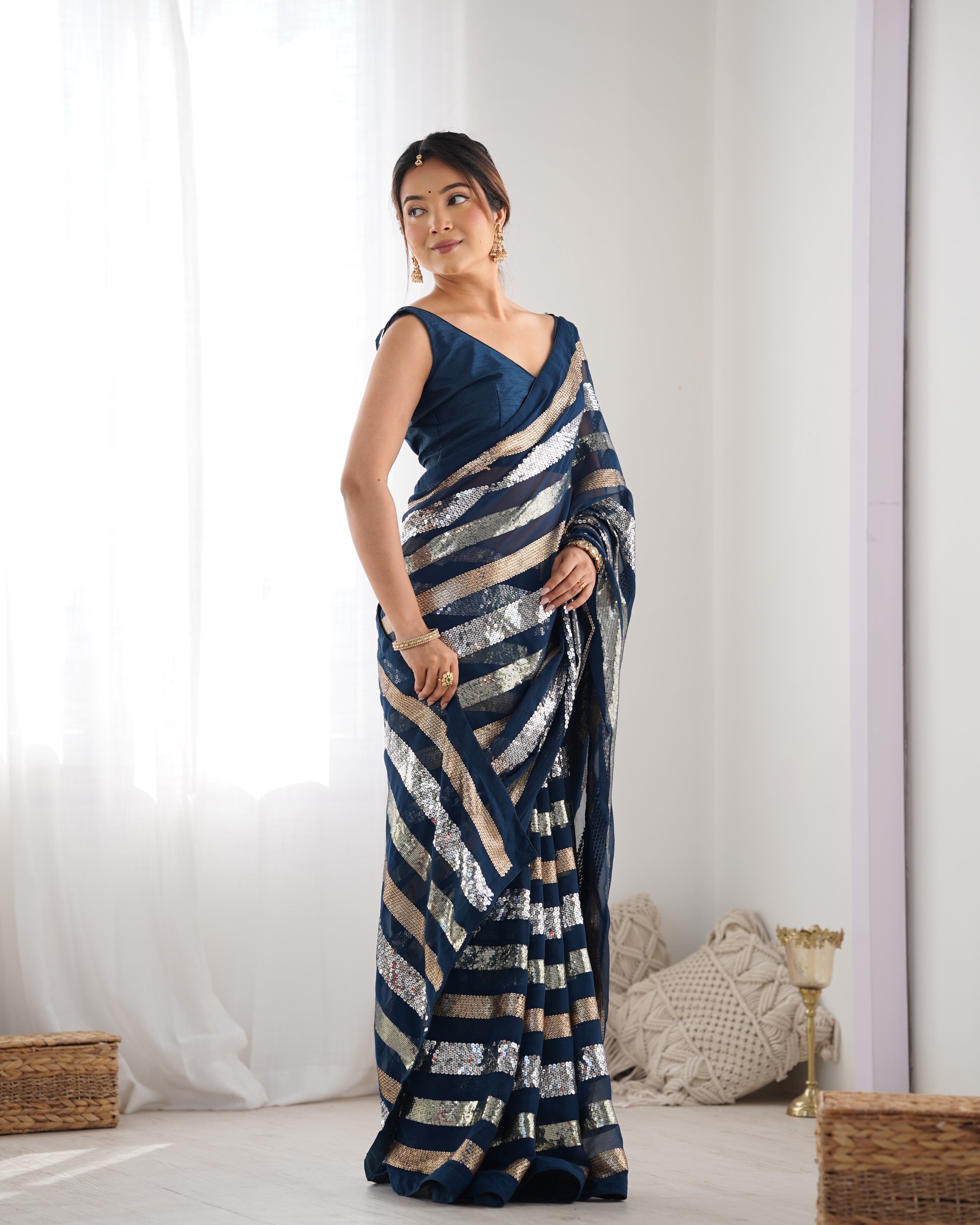 Jyoti Fashion Women's Teal Georgette Sequins Designer Saree with Blouse - Distacart