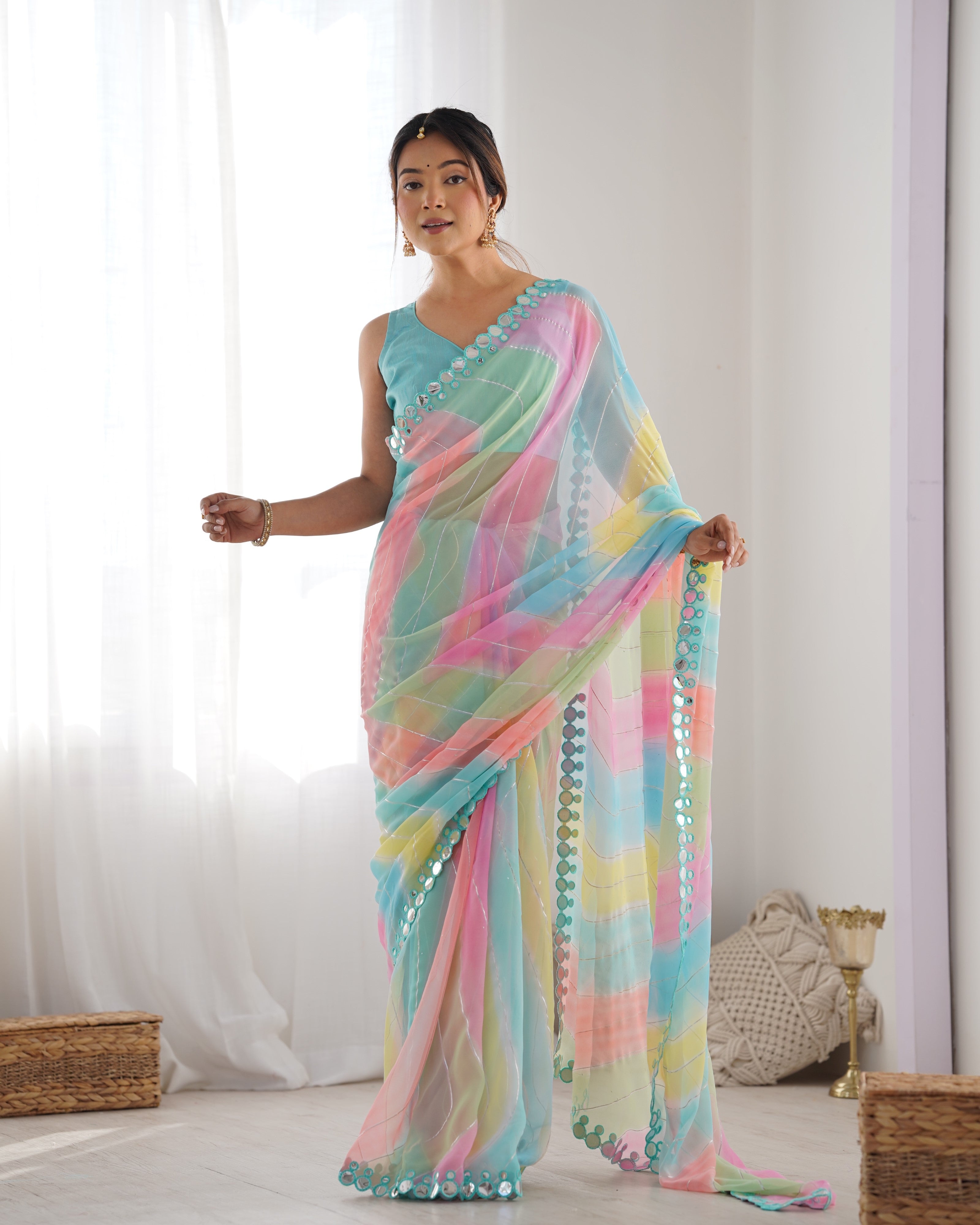 Jyoti Fashion Women's Multicolor Georgette Print with Mirror Work Designer Saree with Blouse - Distacart