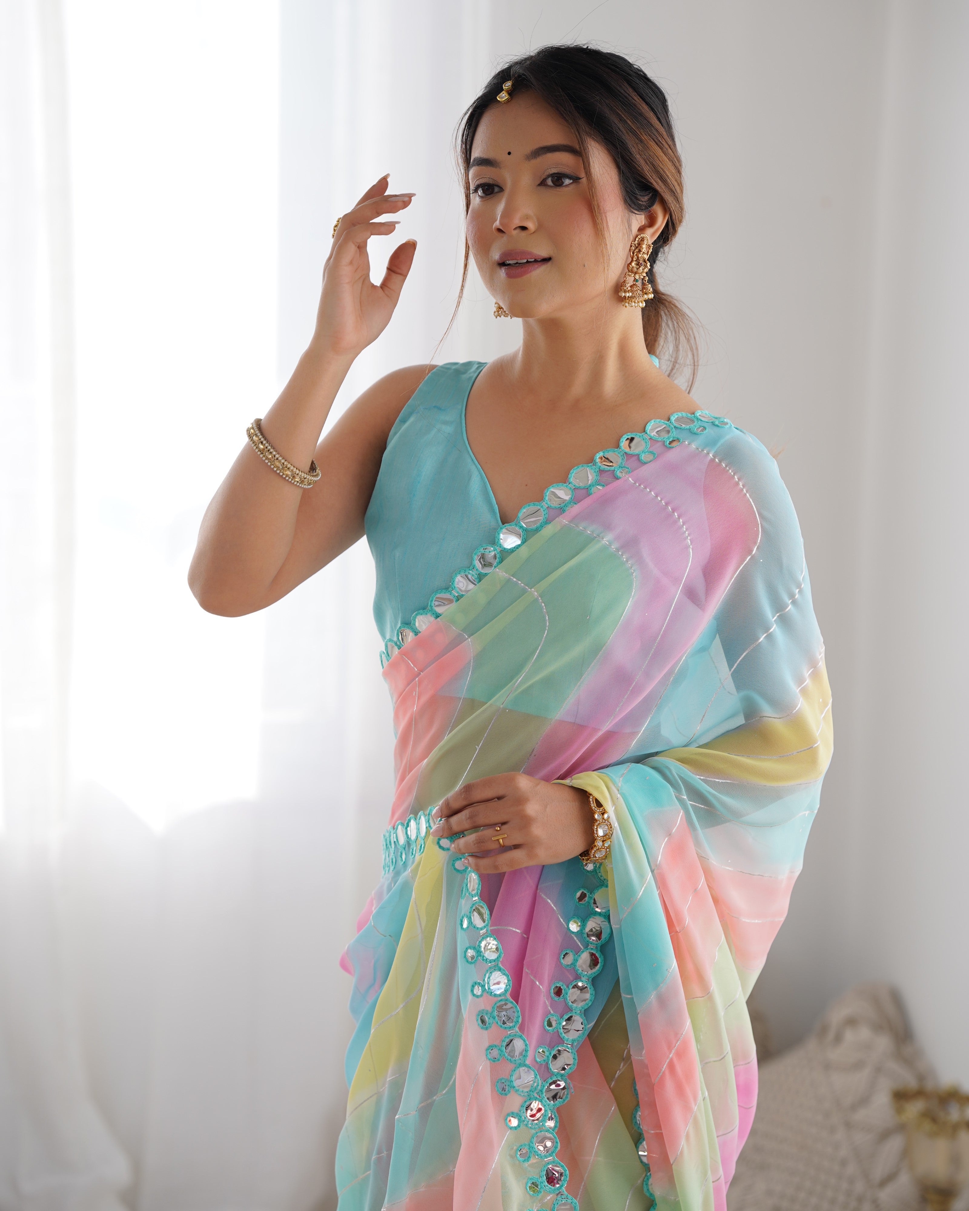 Jyoti Fashion Women's Multicolor Georgette Print with Mirror Work Designer Saree with Blouse - Distacart