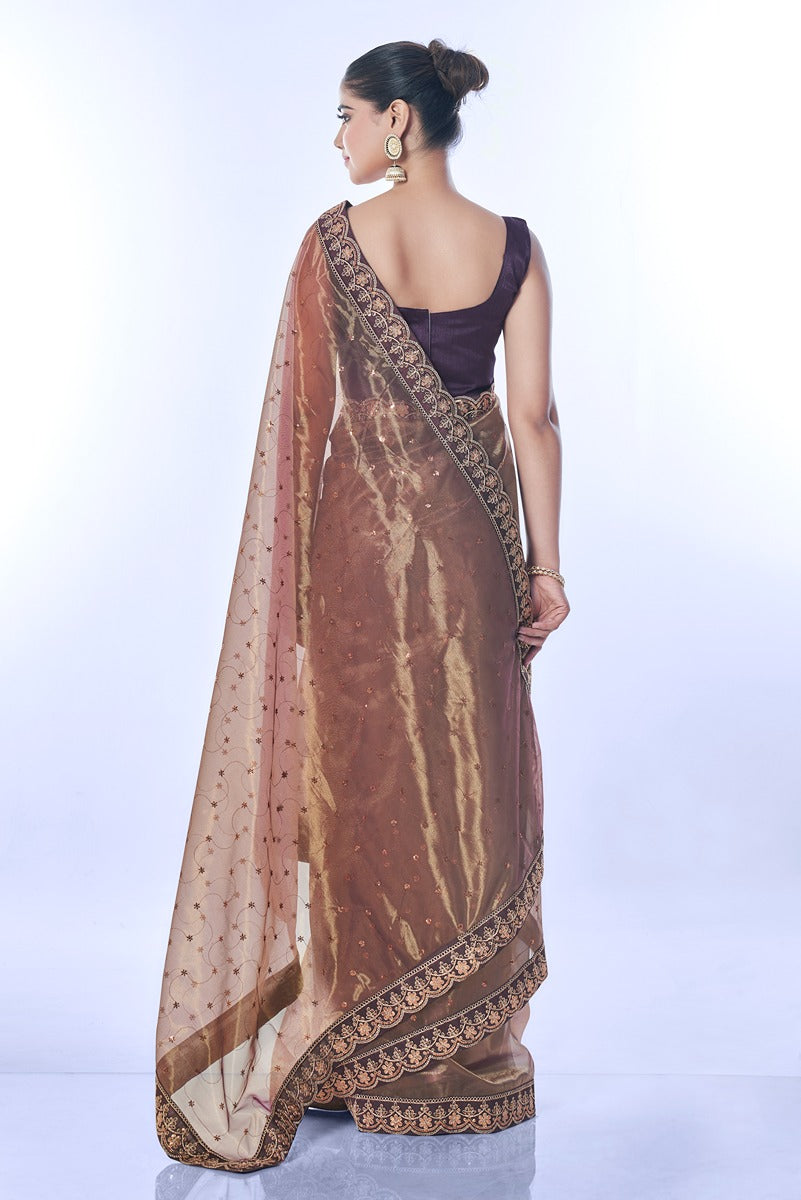 Jyoti Fashion Women's Brown Net Sequins Embroidered Designer Saree with Blouse - Distacart