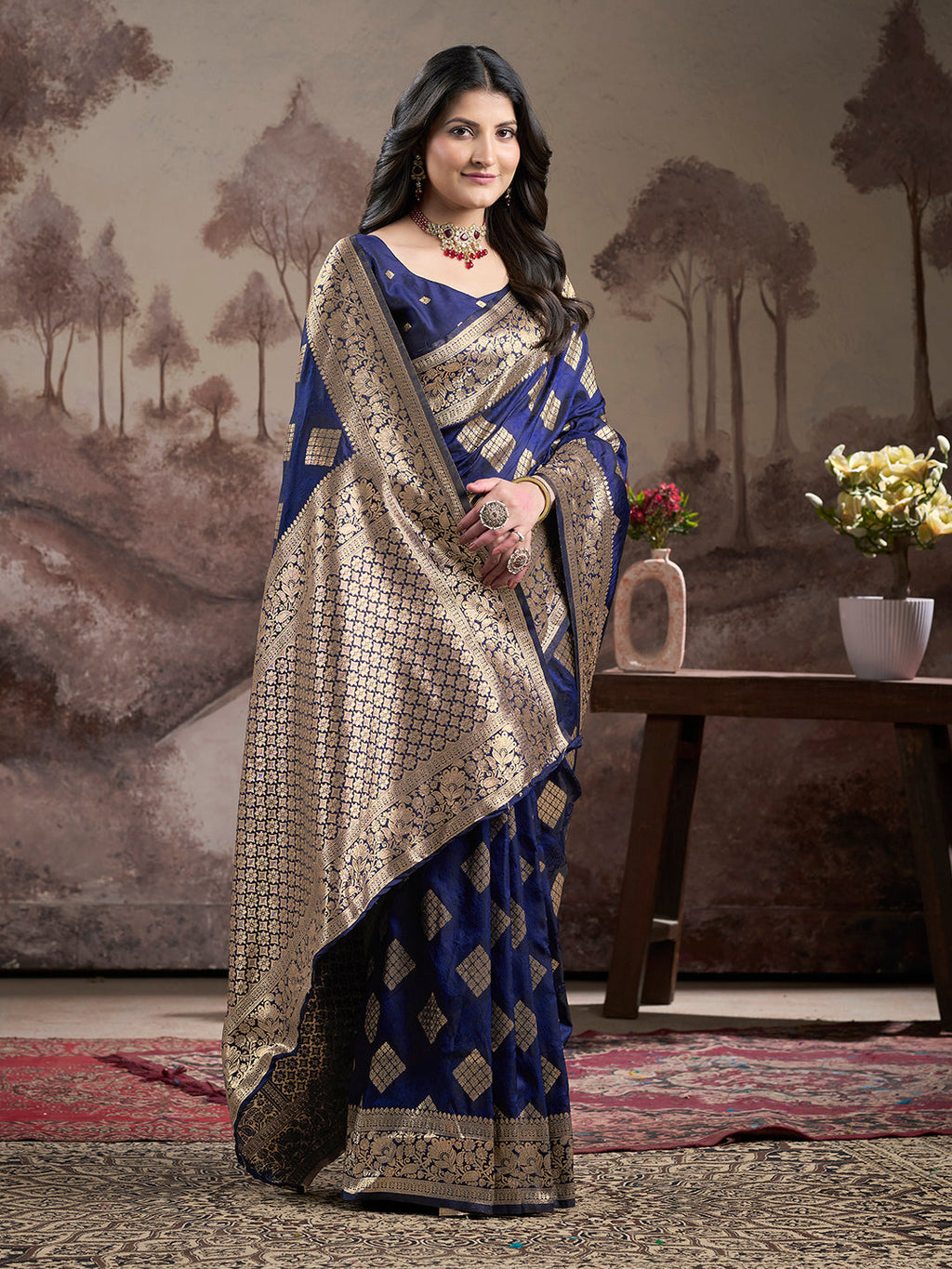 Jyoti Fashion Women's Navy Blue Soft Lichi Silk Jacquard Traditional Saree with Blouse - Distacart