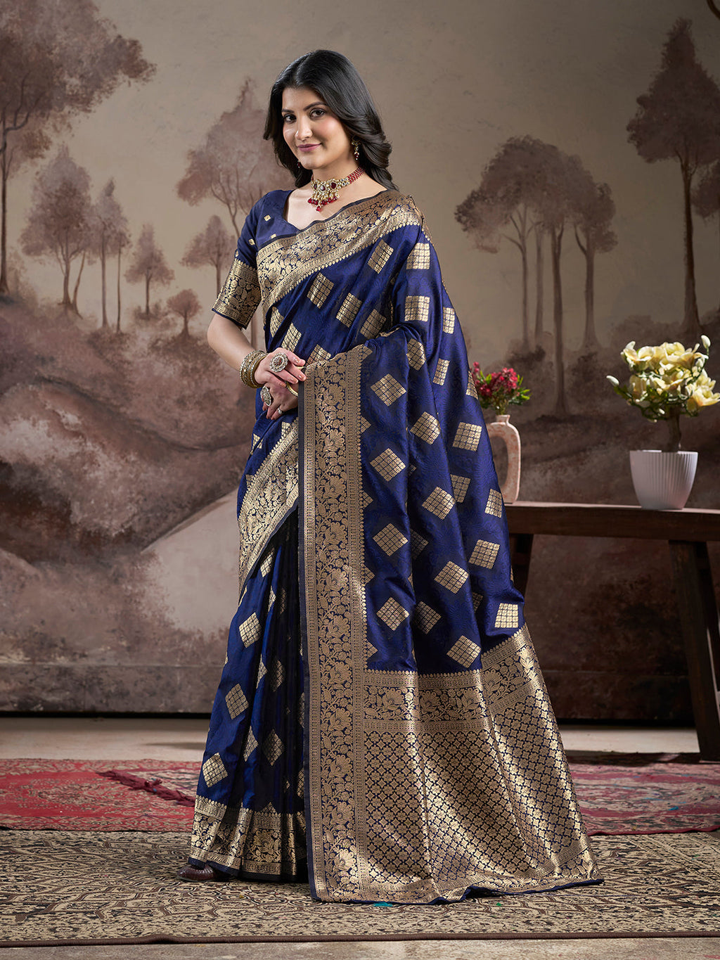 Jyoti Fashion Women's Navy Blue Soft Lichi Silk Jacquard Traditional Saree with Blouse - Distacart