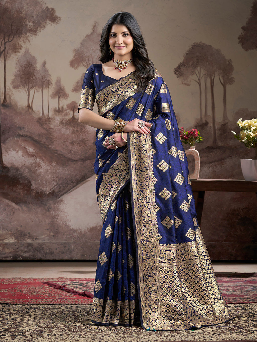 Jyoti Fashion Women's Navy Blue Soft Lichi Silk Jacquard Traditional Saree with Blouse - Distacart