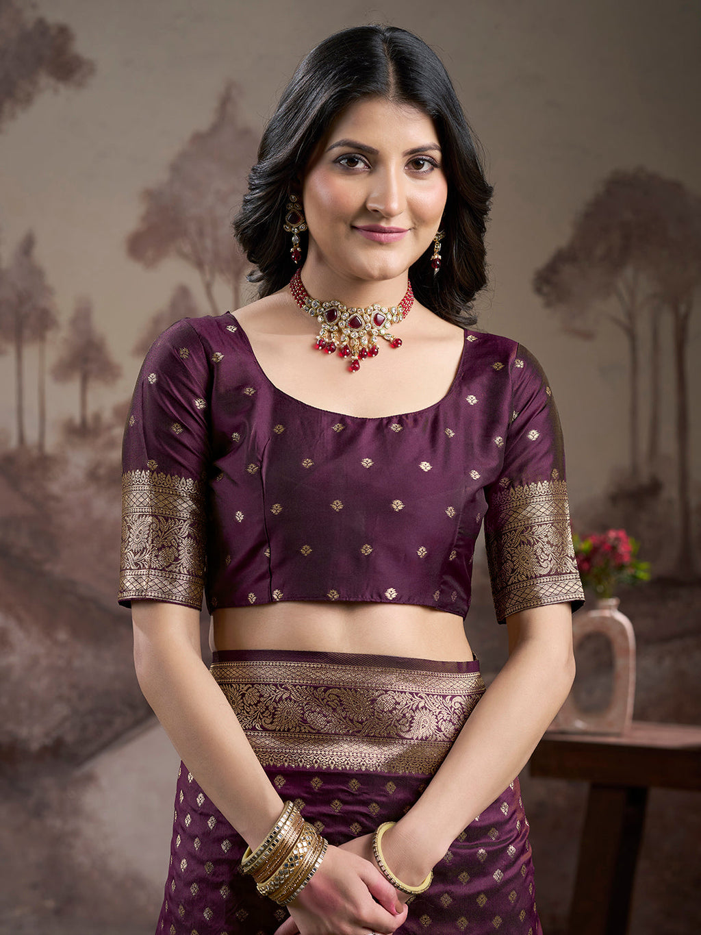 Jyoti Fashion Women's Wine Soft Lichi Silk Jacquard Traditional Saree with Blouse - Distacart