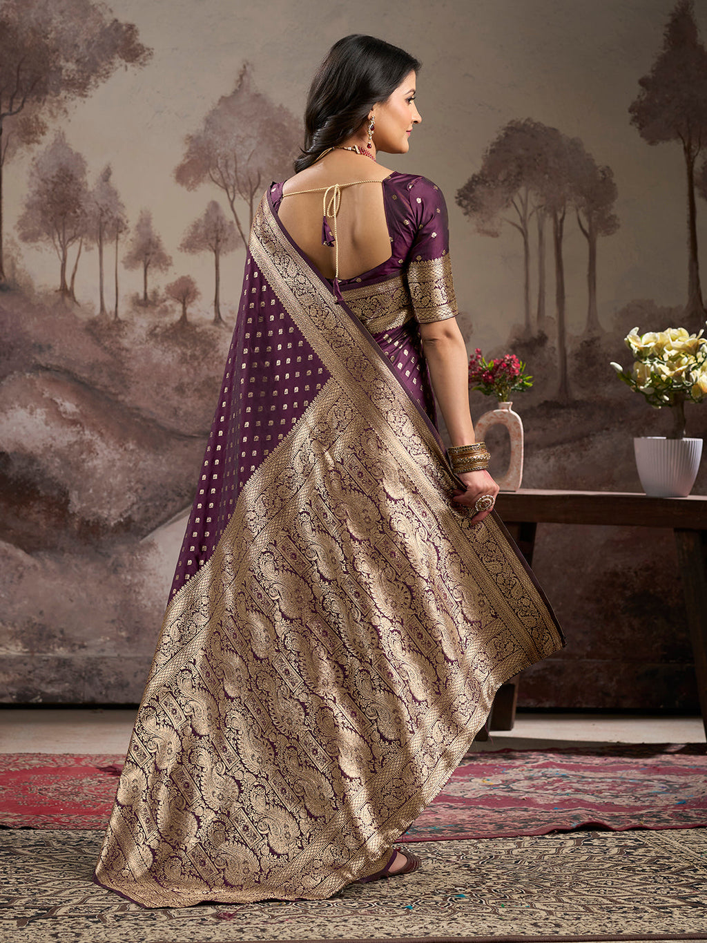 Jyoti Fashion Women's Wine Soft Lichi Silk Jacquard Traditional Saree with Blouse - Distacart