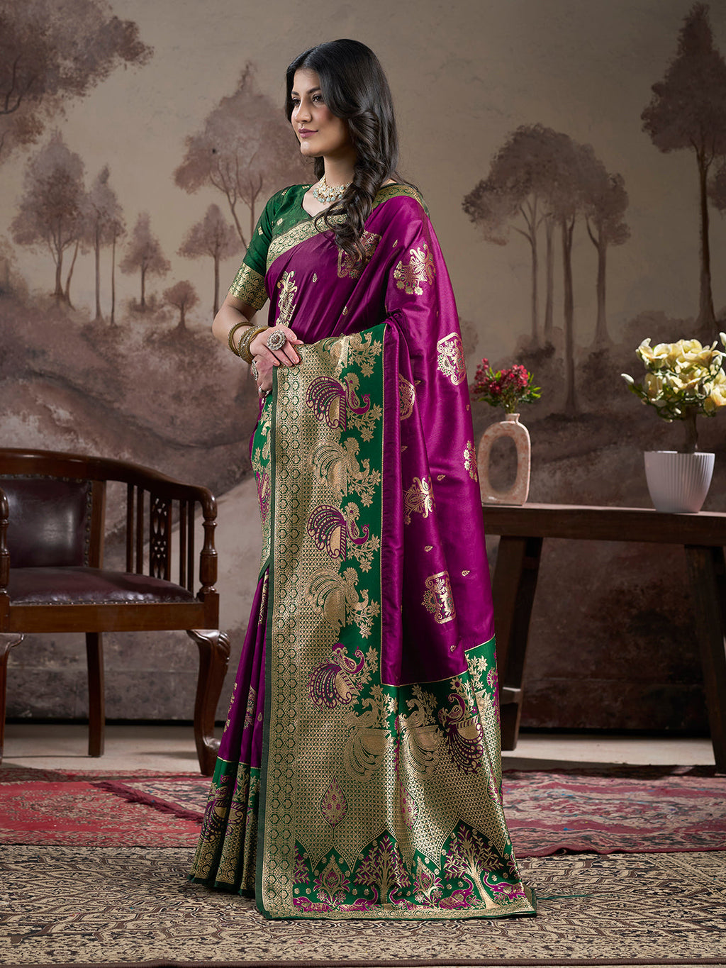 Jyoti Fashion Women's Purple Soft Lichi Silk Jacquard Traditional Saree with Blouse
