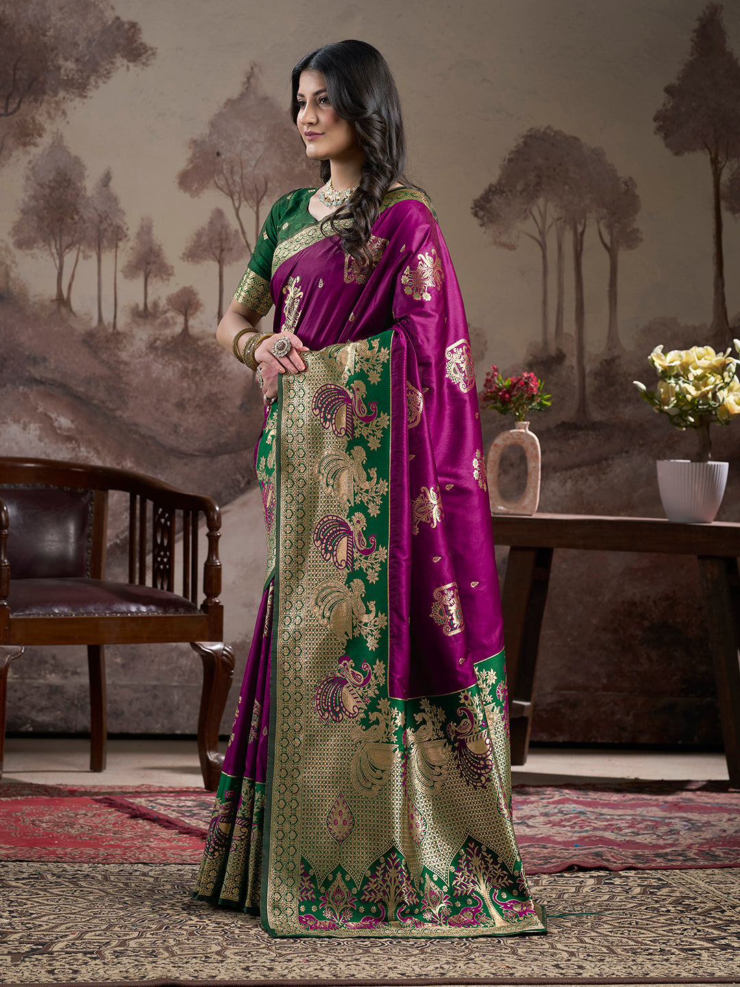 Jyoti Fashion Women's Purple Soft Lichi Silk Jacquard Traditional Saree with Blouse