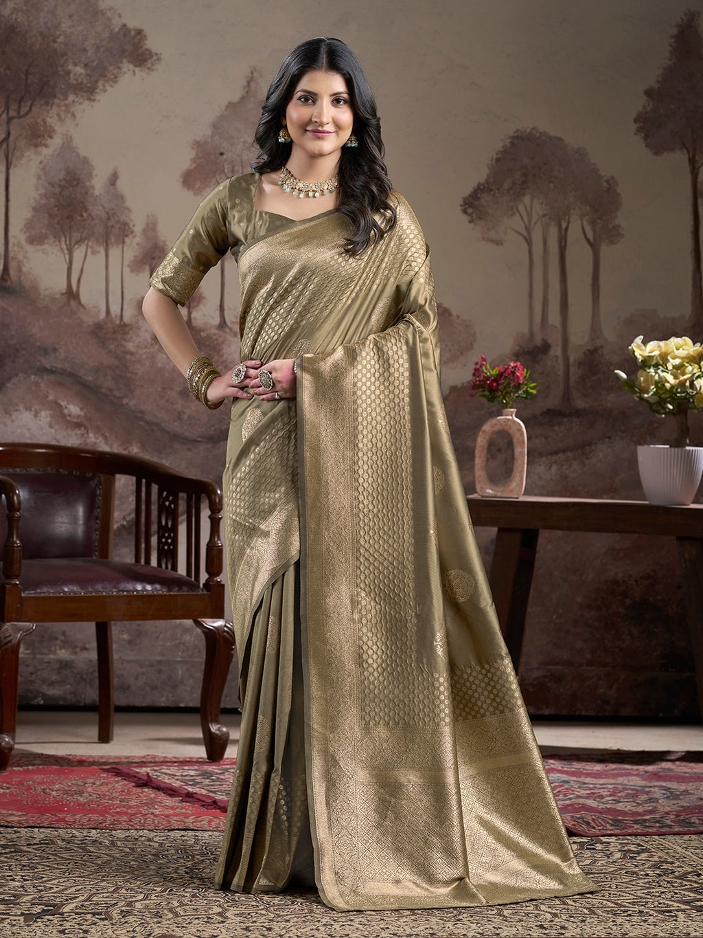 Jyoti Fashion Women's Beige Soft Lichi Silk Jacquard Traditional Saree with Blouse - Distacart