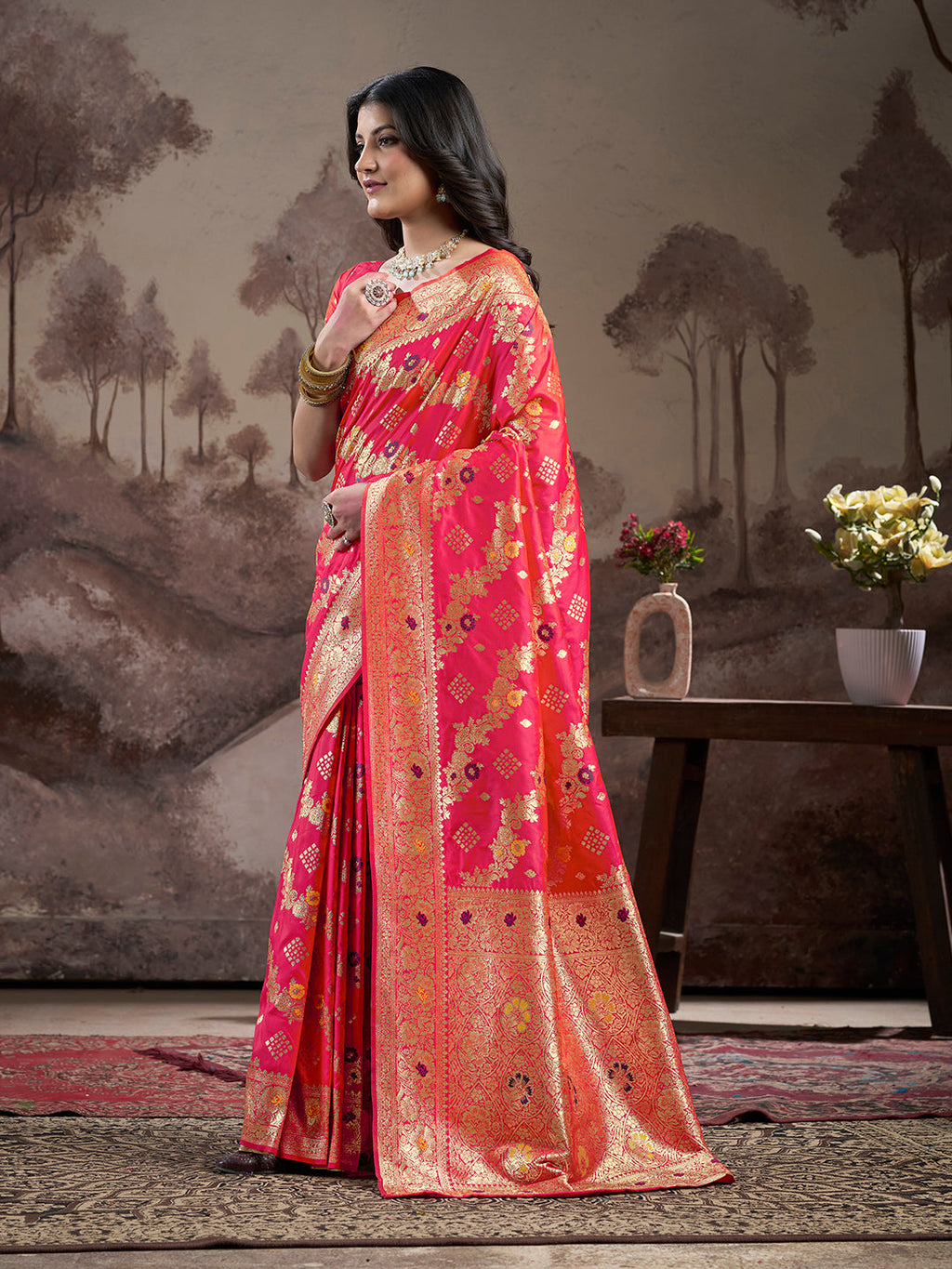 Jyoti Fashion Women's Red Soft Lichi Silk Jacquard Traditional Saree with Blouse