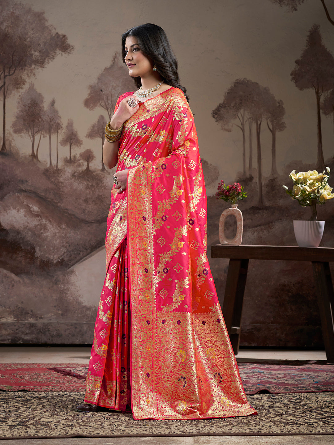 Jyoti Fashion Women's Red Soft Lichi Silk Jacquard Traditional Saree with Blouse