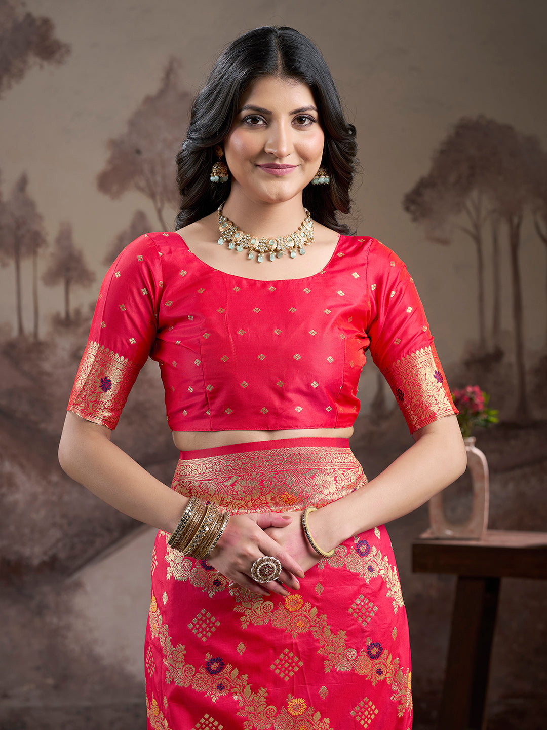 Jyoti Fashion Women's Red Soft Lichi Silk Jacquard Traditional Saree with Blouse