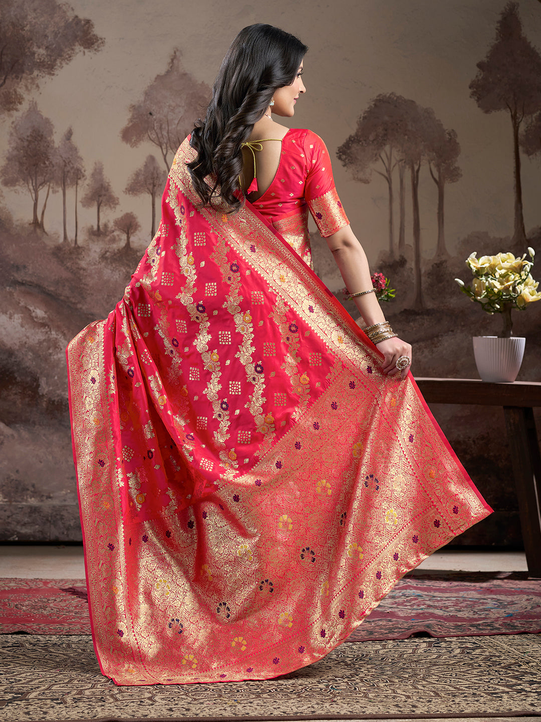 Jyoti Fashion Women's Red Soft Lichi Silk Jacquard Traditional Saree with Blouse