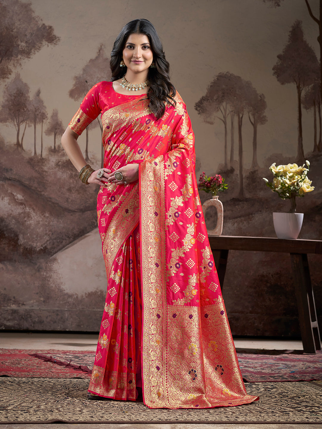 Jyoti Fashion Women's Red Soft Lichi Silk Jacquard Traditional Saree with Blouse