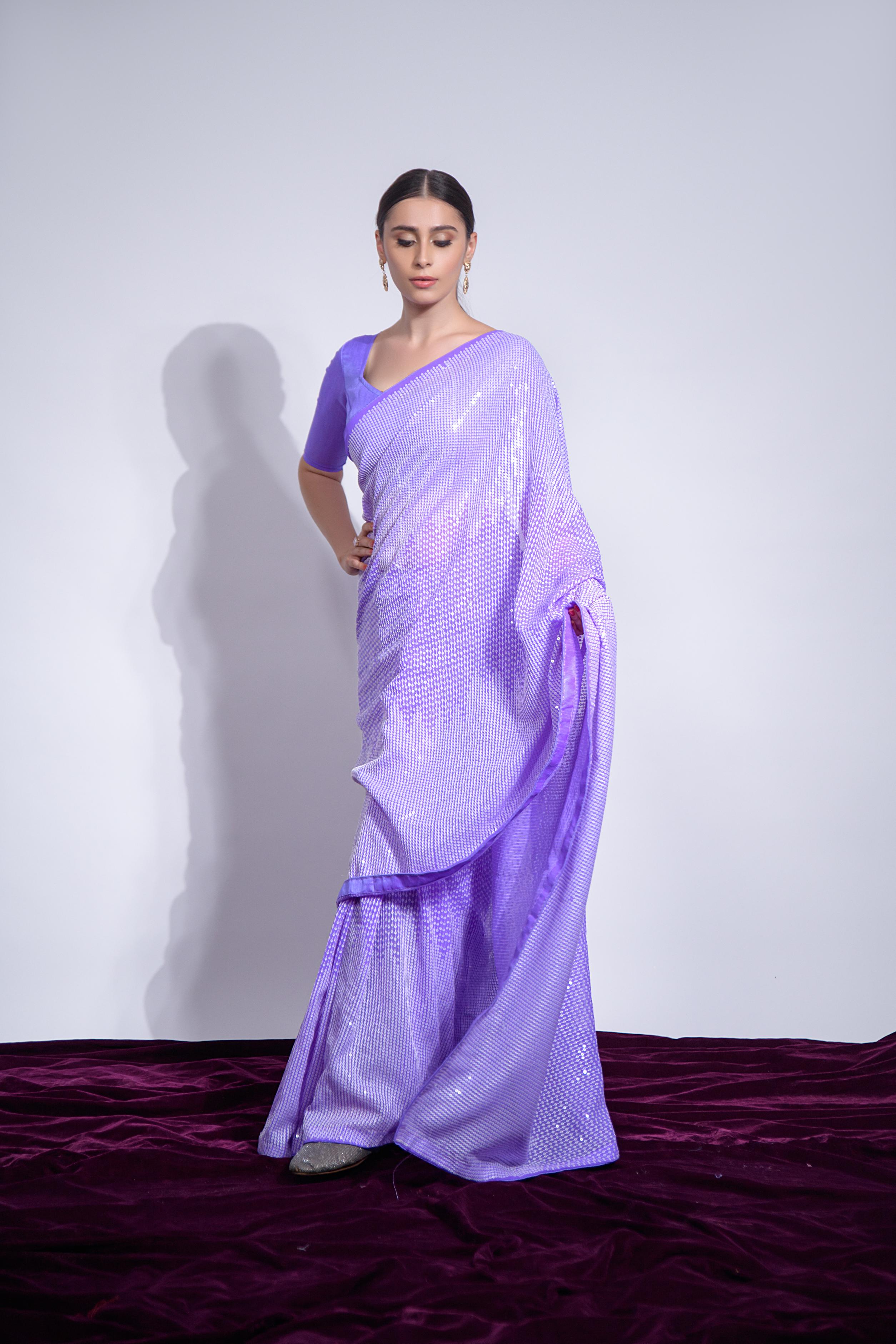 Jyoti Fashion Women's Violet Georgette Sequins Embroidered Designer Saree with Blouse - Distacart