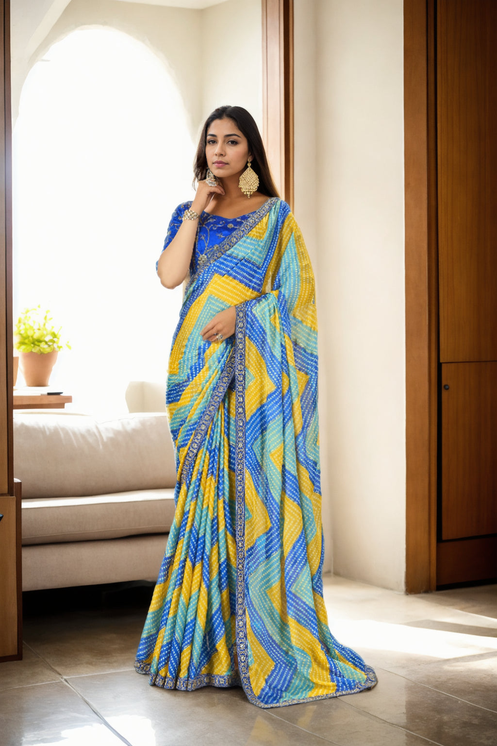Jyoti Fashion Women's Multicolor Chinon Bandhani Print with Embroidered Saree with Blouse - Distacart