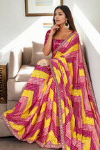 Jyoti Fashion Women's Multicolor Chinon Bandhani Print with Embroidered Saree with Blouse - Distacart