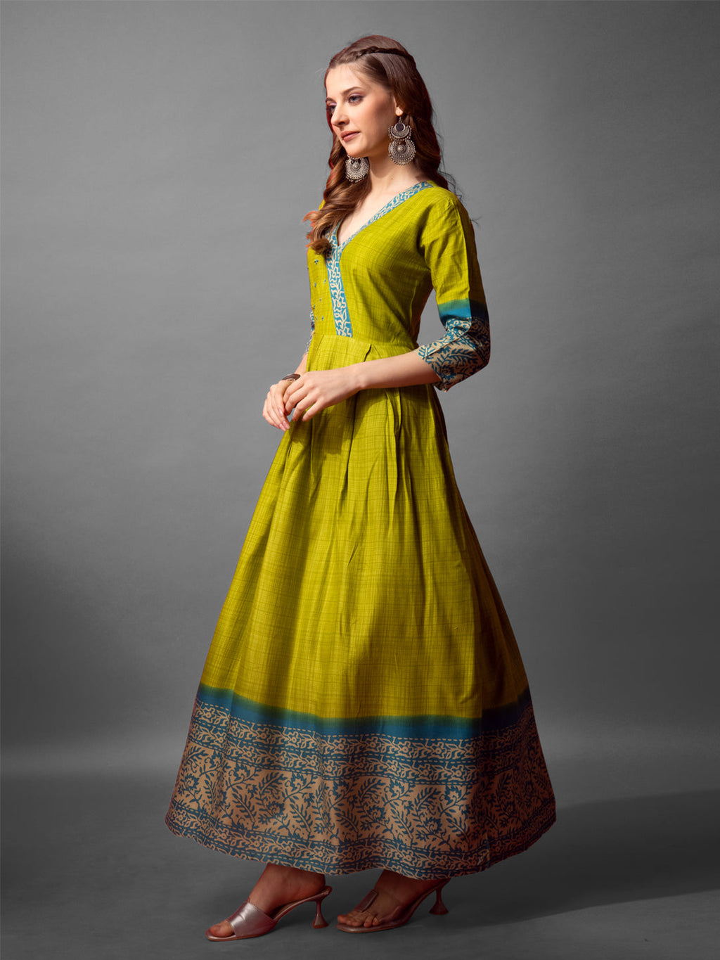 Jyoti Fashion Women's Parrot Green Cotton Blend Printed Designer Anarkali Dress
