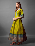 Jyoti Fashion Women's Parrot Green Cotton Blend Printed Designer Anarkali Dress