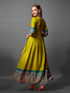 Jyoti Fashion Women's Parrot Green Cotton Blend Printed Designer Anarkali Dress