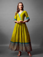 Jyoti Fashion Women's Parrot Green Cotton Blend Printed Designer Anarkali Dress