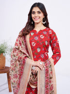 Jyoti Fashion Women's Red Cotton Blend Printed Designer Kurta Set with Dupatta