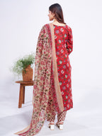 Jyoti Fashion Women's Red Cotton Blend Printed Designer Kurta Set with Dupatta