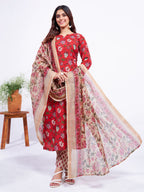 Jyoti Fashion Women's Red Cotton Blend Printed Designer Kurta Set with Dupatta